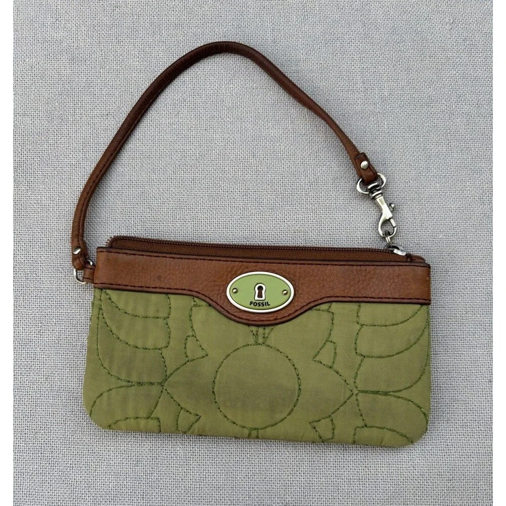 Fossil Keyper Zip Around Green Quilted And Leather Wallet